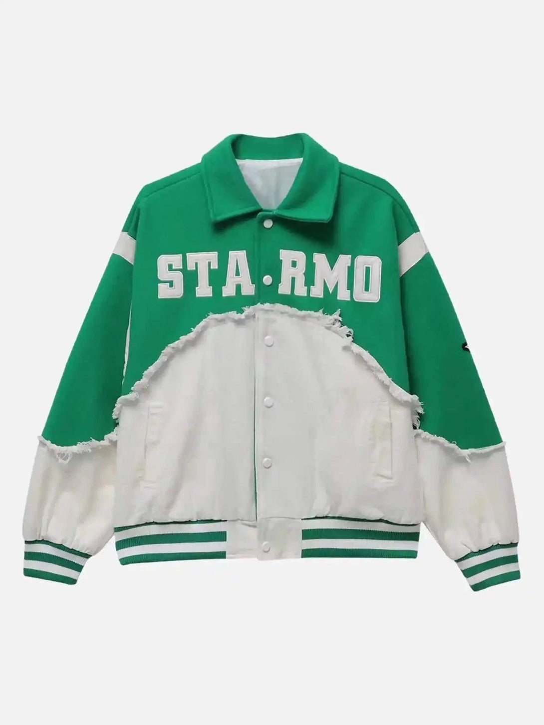 Front view of a green and white denim-spliced baseball jacket by TALISHKO with bold lettering.