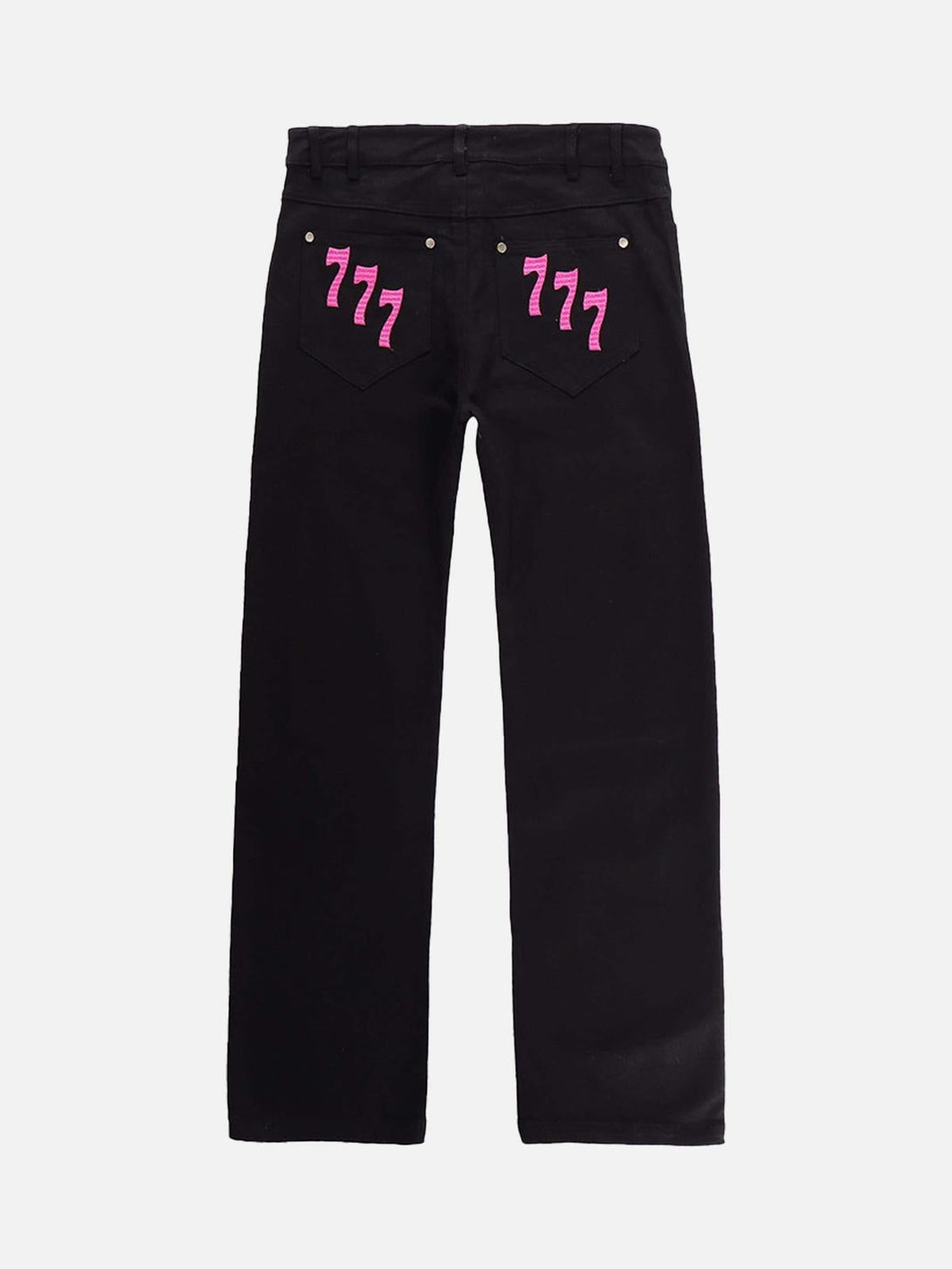 Back view of black jeans with pink "777" embroidery, crafted by TALISHKO for a trendy look.