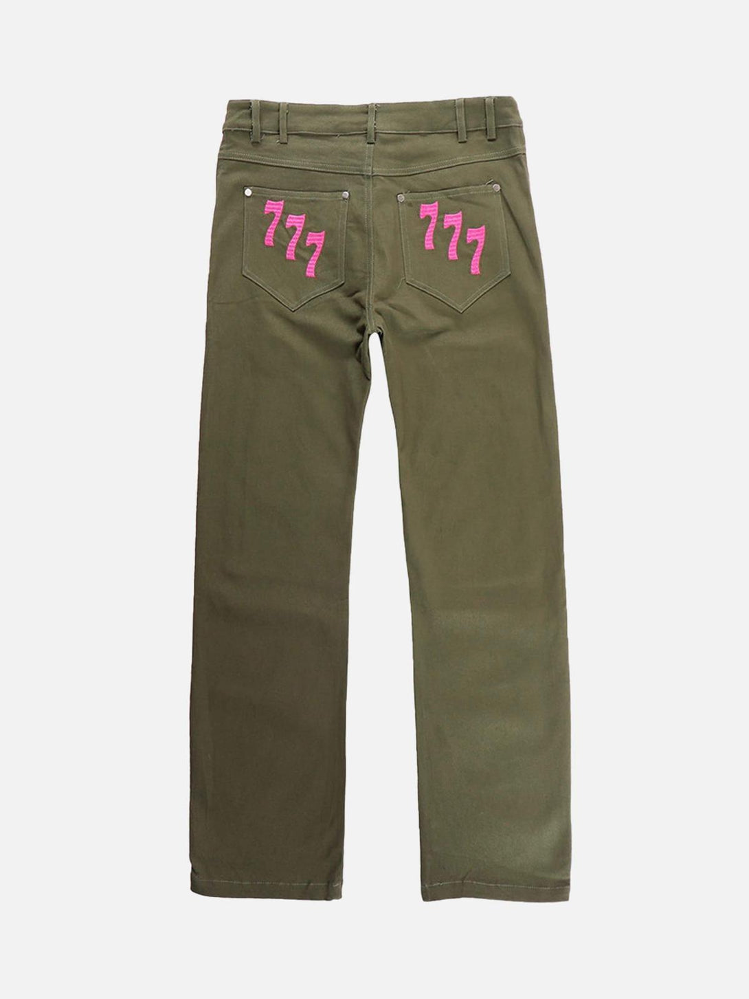 Back view of dark green jeans with pink "777" embroidery, designed by TALISHKO for casual wear.