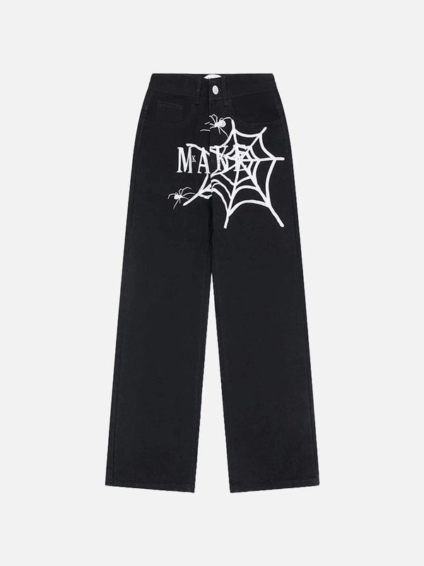 Front view of black jeans by TALISHKO featuring spider web embroidery, perfect for urban style.