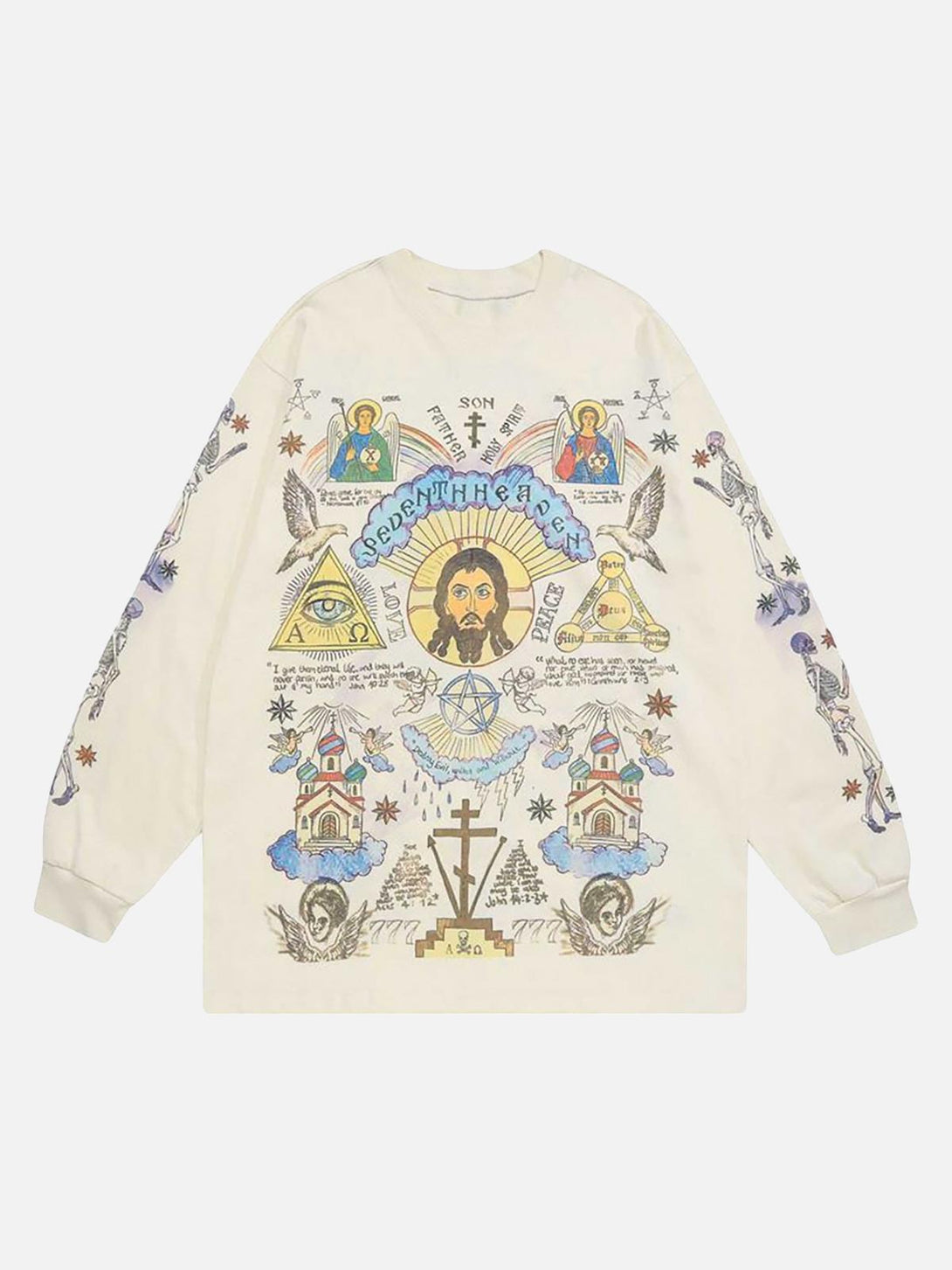Beige long sleeve T-shirt featuring intricate graffiti-style graphics by TALISHKO, front view.