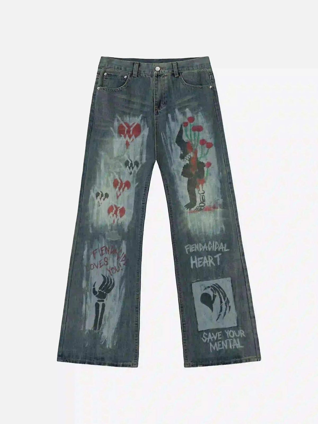 Front view of blue graffiti washed jeans by TALISHKO, featuring bold street-inspired designs.