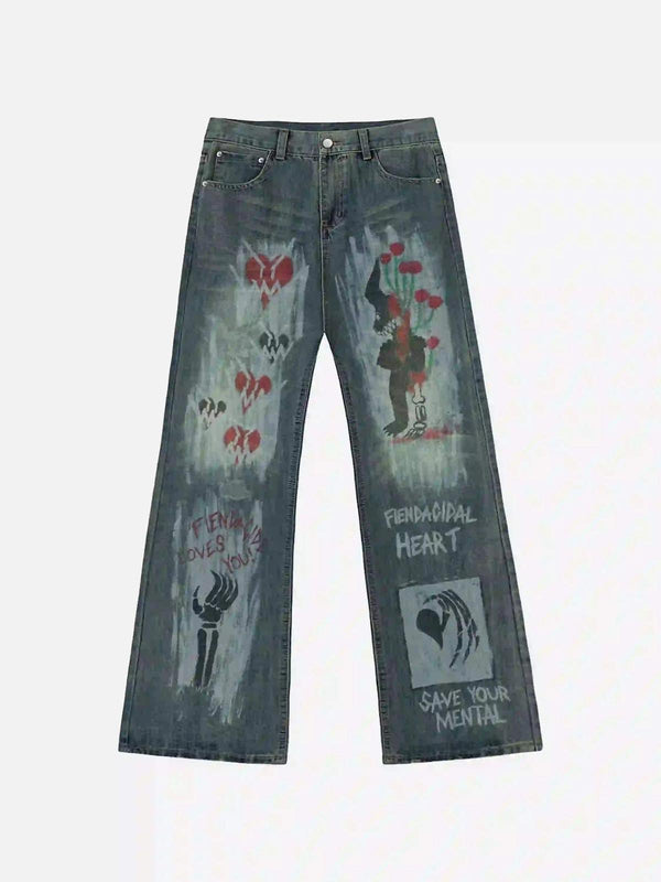 Front view of blue graffiti washed jeans by TALISHKO, featuring bold street-inspired designs.