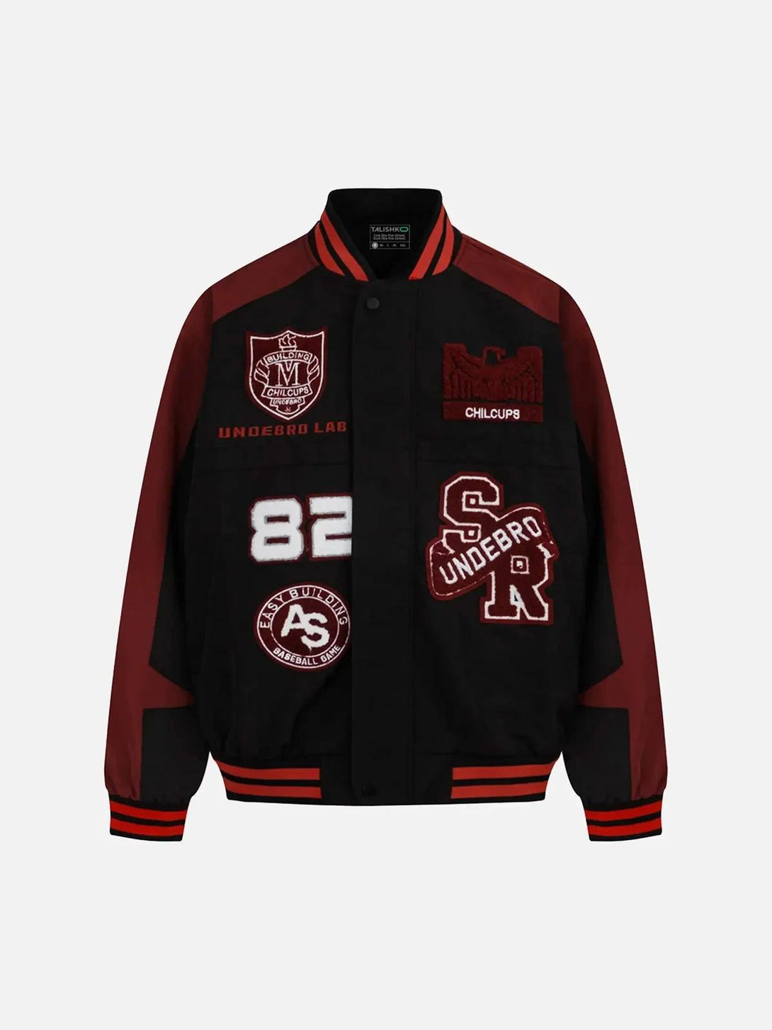 Front view of a black varsity jacket with maroon patches by TALISHKO, ideal for urban vibes.