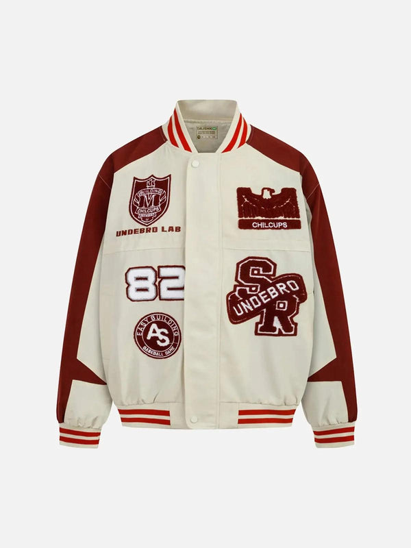 Front view of a white varsity jacket with maroon accents by TALISHKO, perfect for urban style.