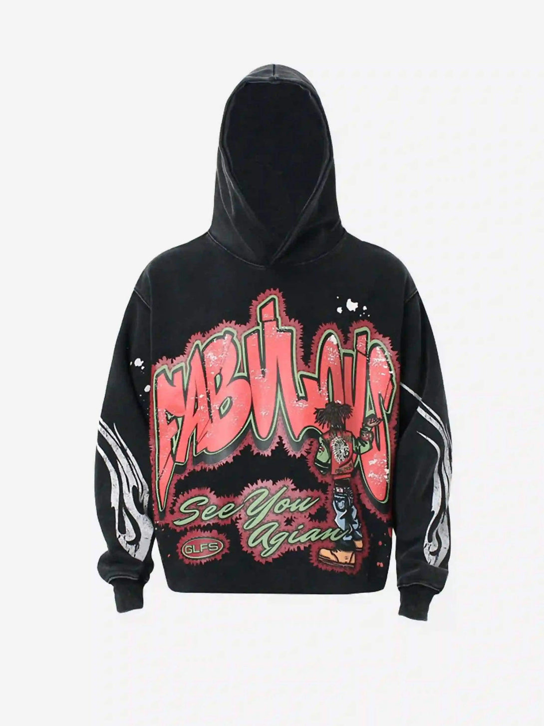 Front view of a black TALISHKO hoodie with bold graffiti graphics for a trendy urban look.