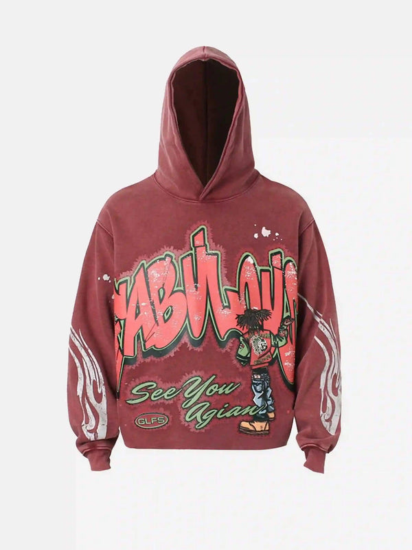Front view of a red TALISHKO hoodie featuring bold graffiti design, ideal for urban style.