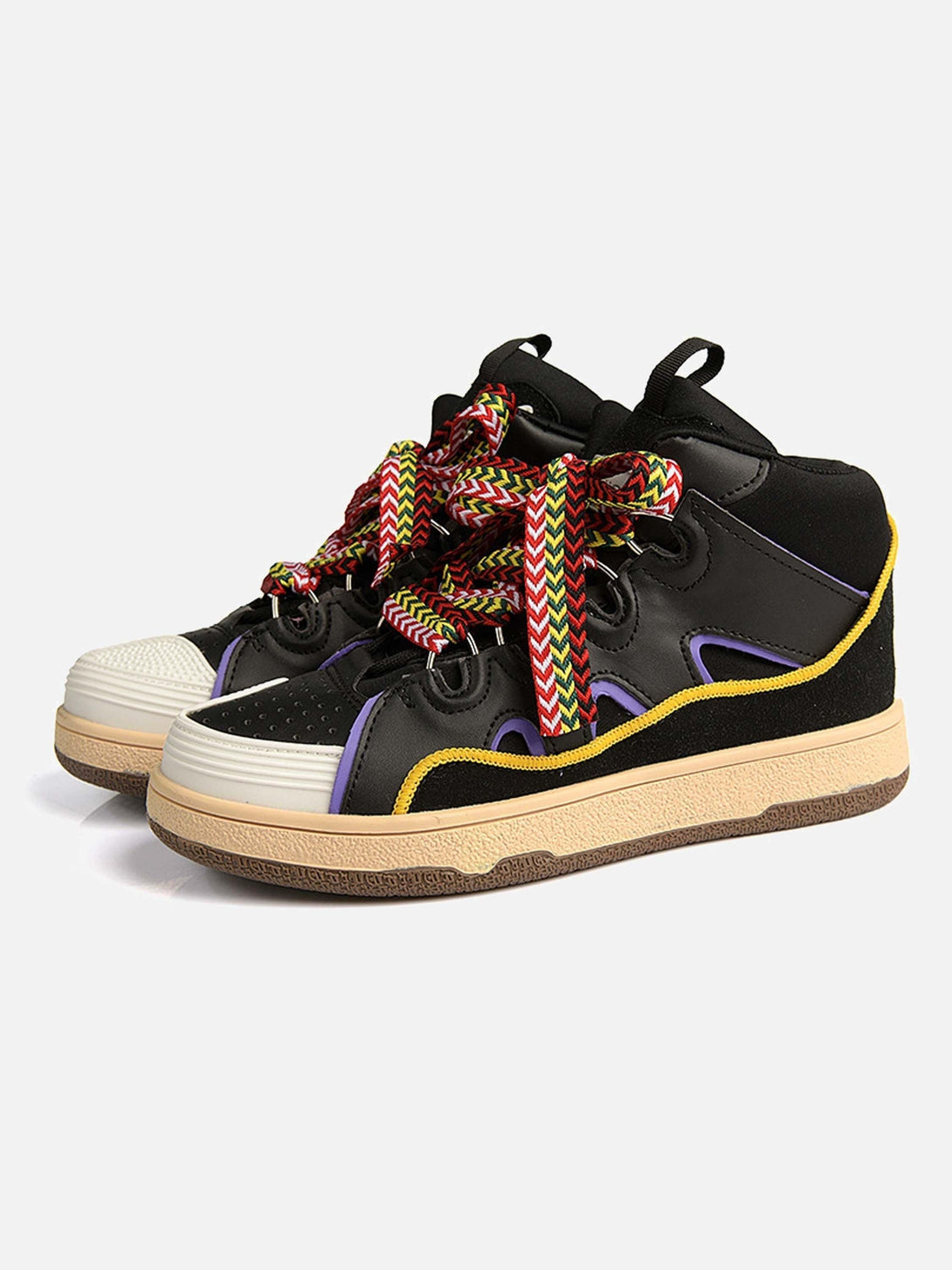 TALISHKO black high-top sneakers with vibrant multicolor laces, perfect for casual urban style.