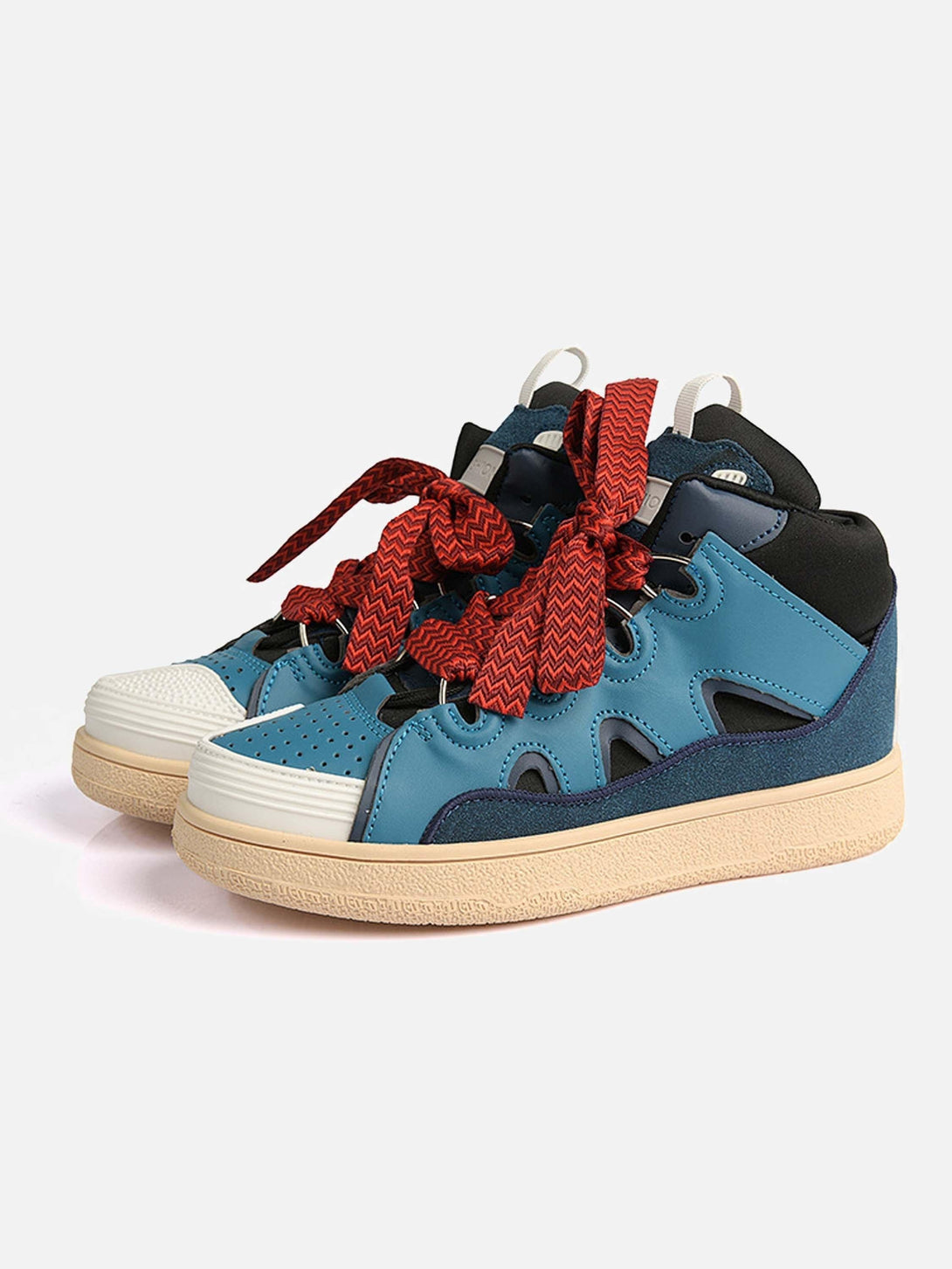 TALISHKO blue high-top sneakers with bold red laces in a front view, perfect for urban style.
