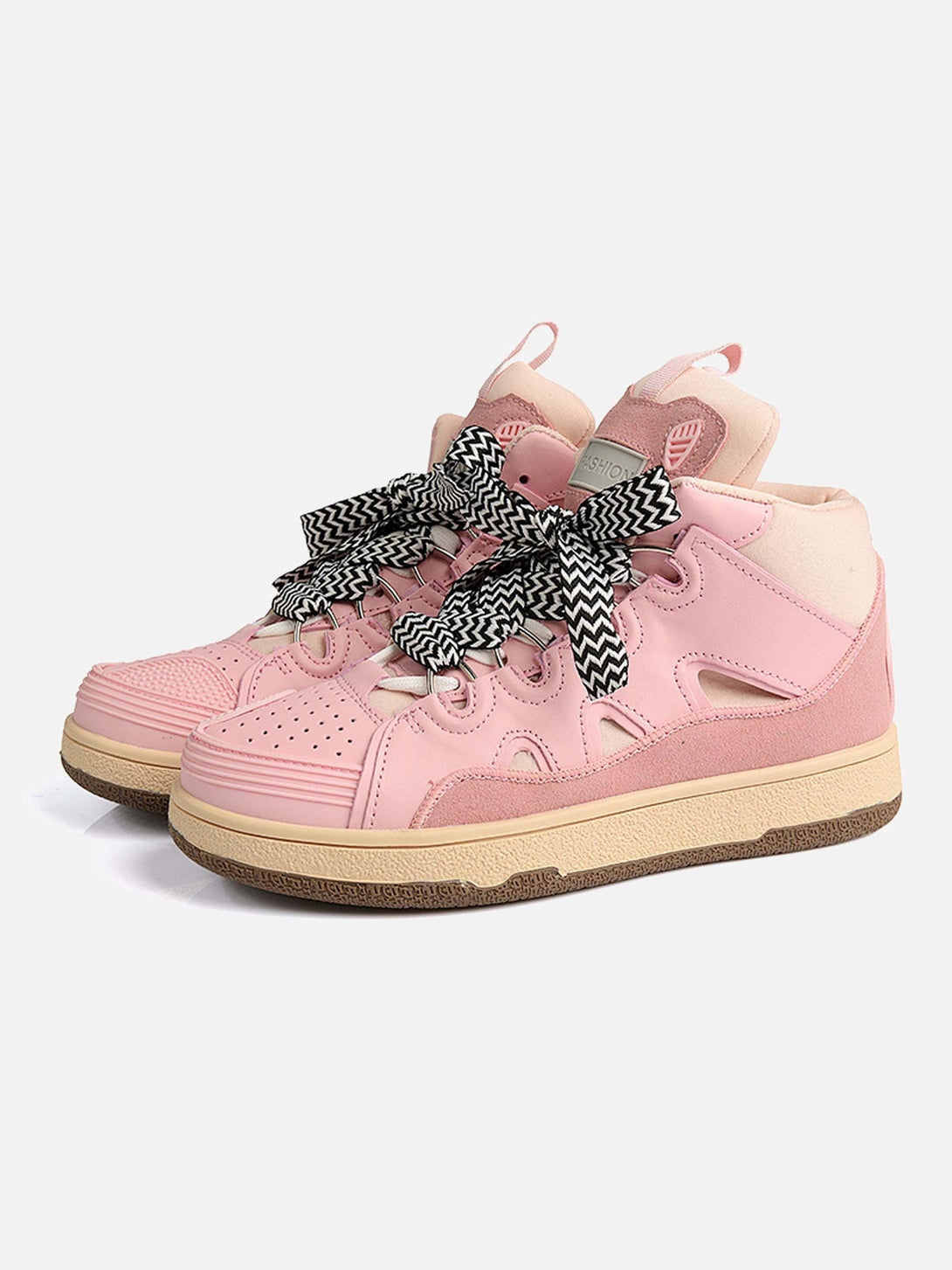 TALISHKO pink high-top sneakers with bold black and white laces, showcasing a hip hop vibe.