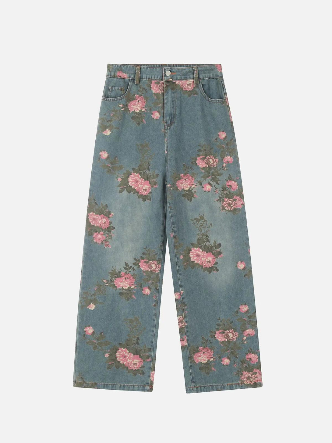 TALISHKO vintage blue jeans with pink rose pattern in a front view, showcasing a hip-hop vibe.