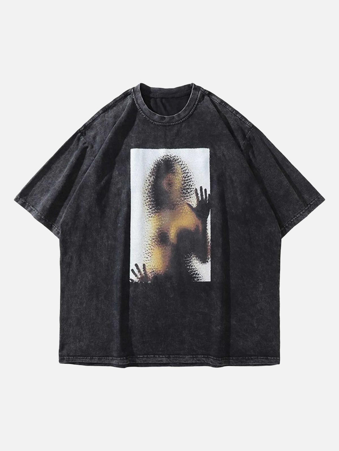 Front view of a black hip-hop T-shirt by TALISHKO with a unique abstract print design.
