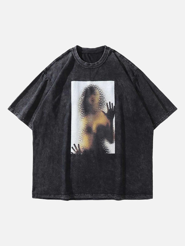 Front view of a black hip-hop T-shirt by TALISHKO with a unique abstract print design.
