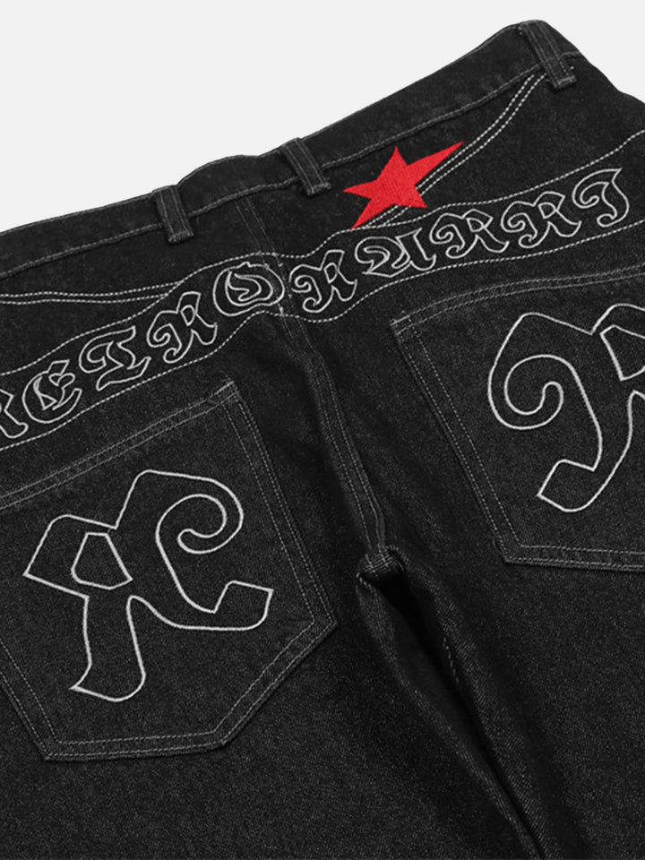 TALISHKO - American Letters Embroidered Straight Jeans, streetwear fashion, talishko.com