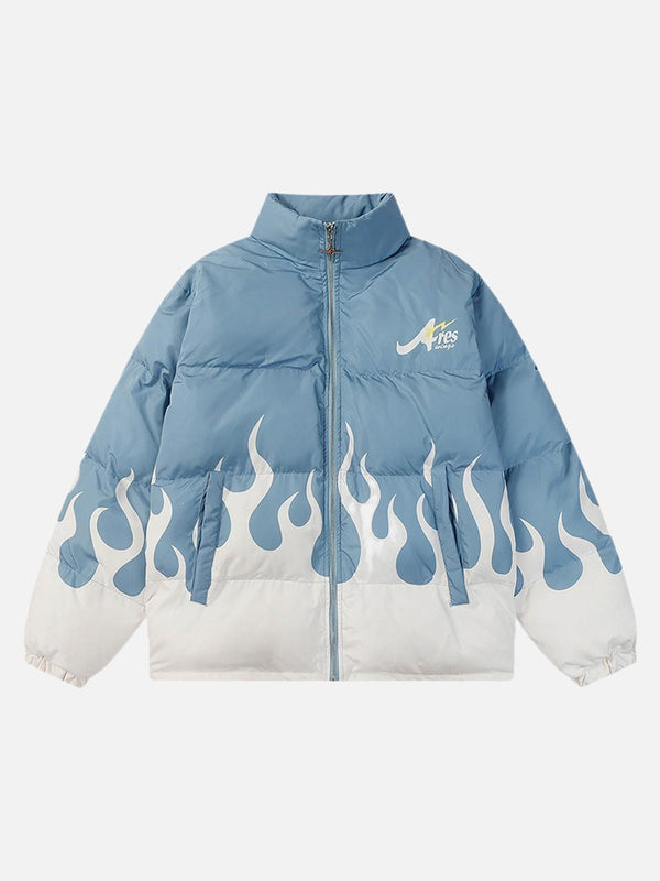 Blue jacket with flame design, front view; American loose-fit style by TALISHKO.