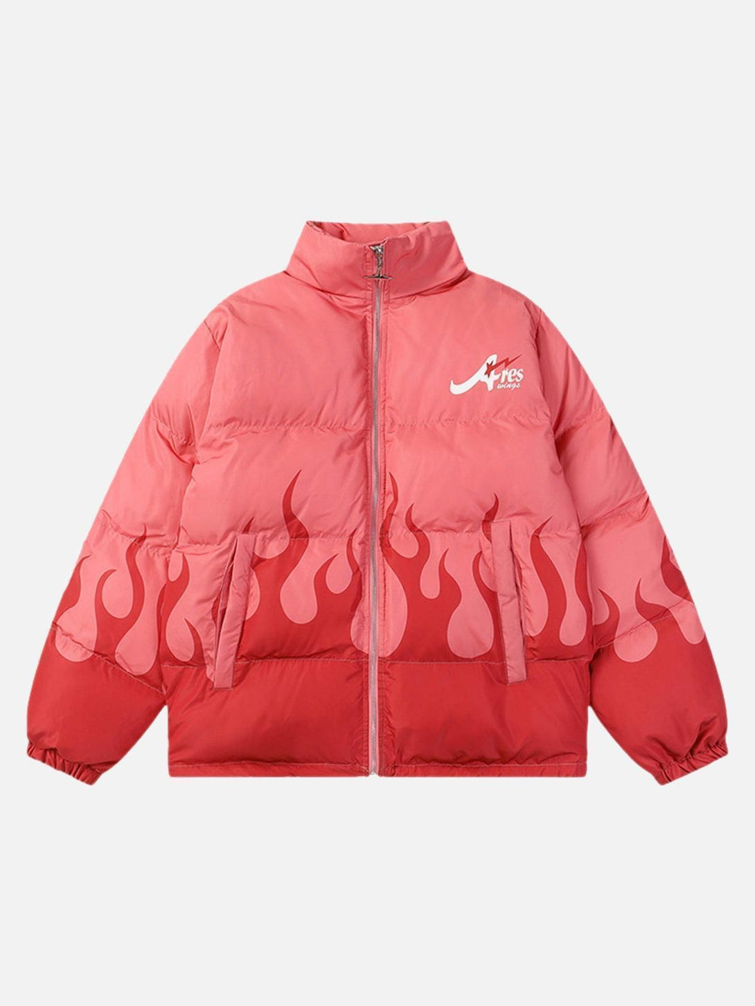 Front view of red jacket with flame design, showcasing loose-fit style by TALISHKO.