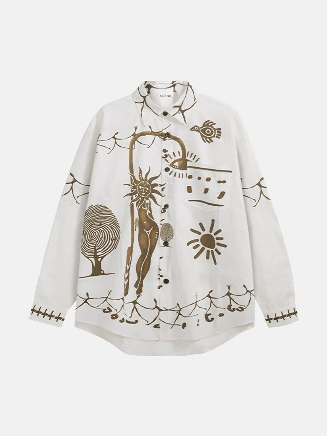 Front view of a TALISHKO shirt in white featuring abstract Mayan-inspired artwork.