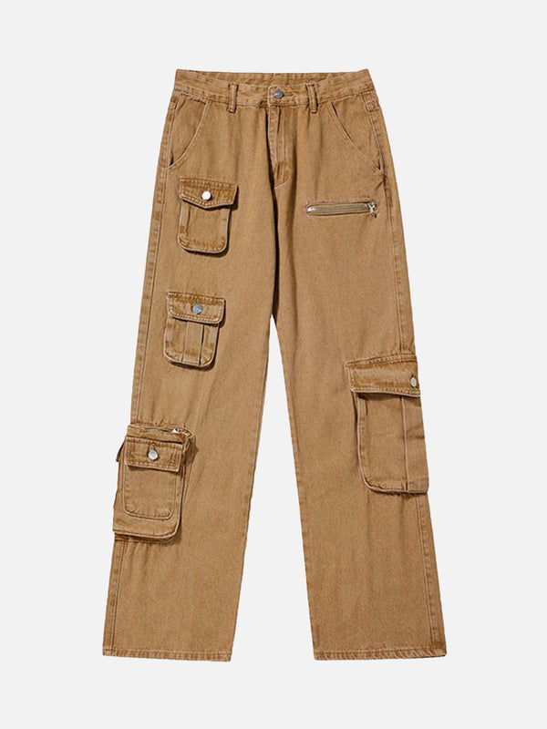 Khaki work pants with multiple pockets, front view by TALISHKO, perfect for casual style.