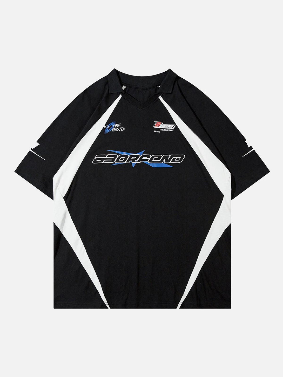 Front view of a black lapel T-shirt by TALISHKO, featuring bold graphic designs and patches.