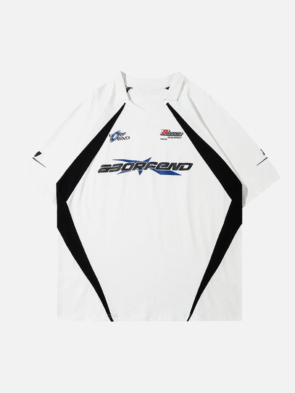 Front view of a white vintage lapel T-shirt by TALISHKO, featuring bold graphic designs.