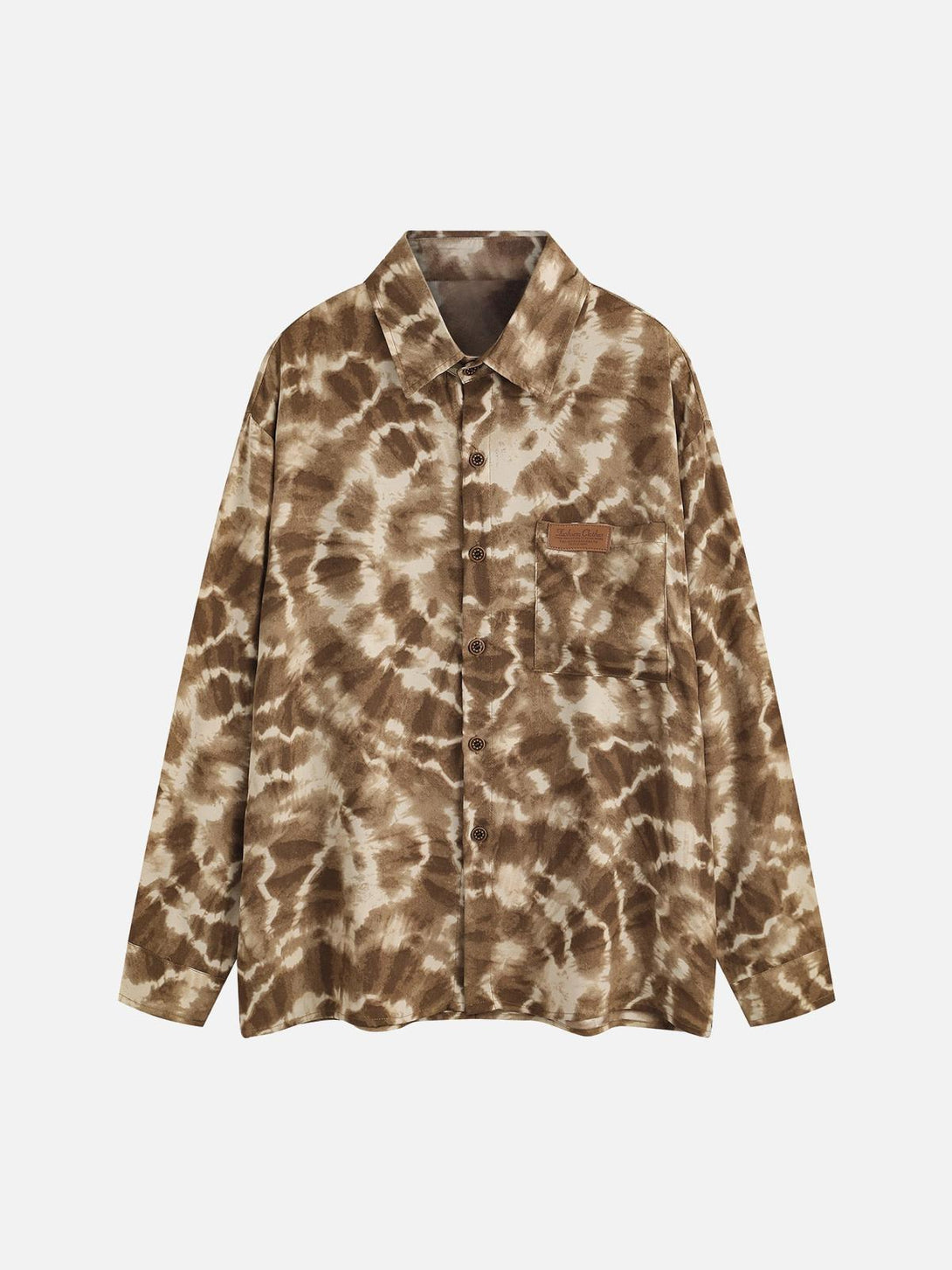 Front view of a chocolate tie-dye pattern shirt by TALISHKO, perfect for casual style.