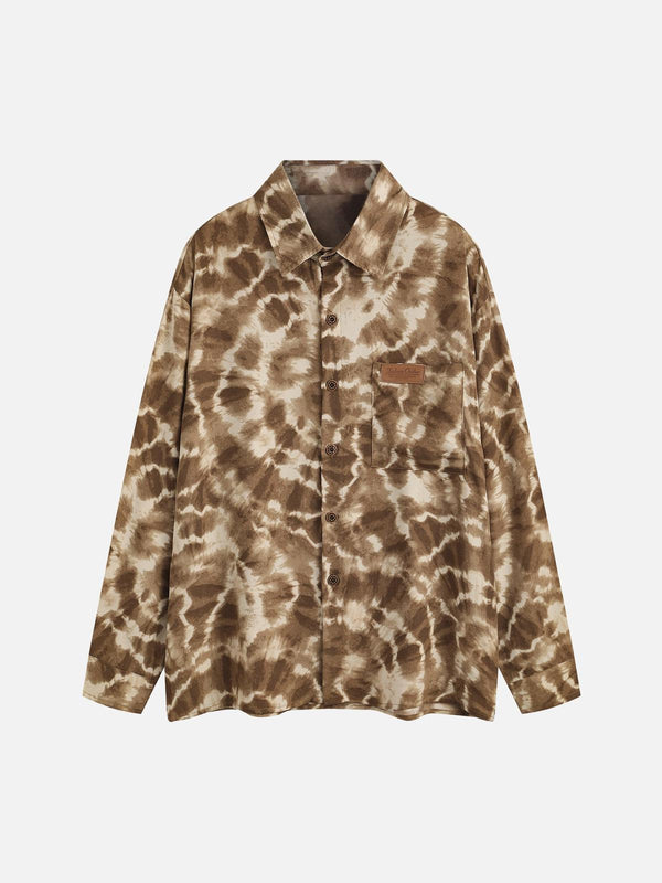 Front view of a chocolate tie-dye pattern shirt by TALISHKO, perfect for casual style.