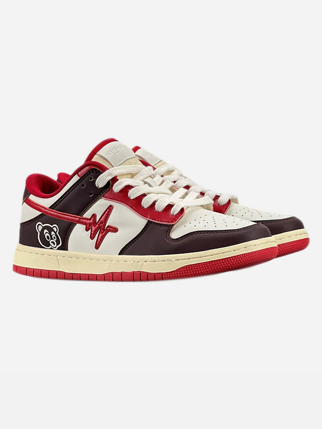 Front view of red and white TALISHKO sneakers with unique graphic accents in retro style.