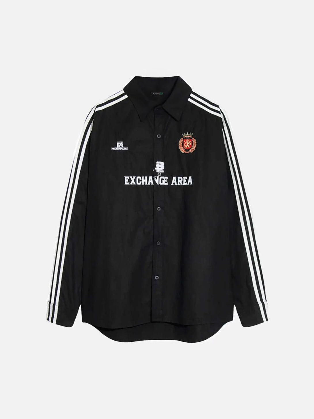 Front view of a black long-sleeved shirt by TALISHKO, featuring sporty stripes and emblems.