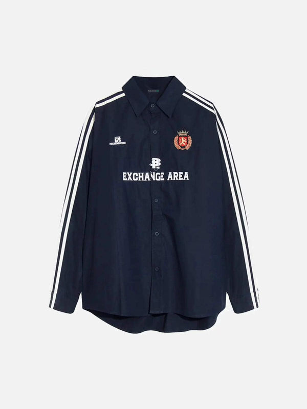 Front view of a blue long-sleeved lapel shirt by TALISHKO, featuring sporty stripes and emblems.