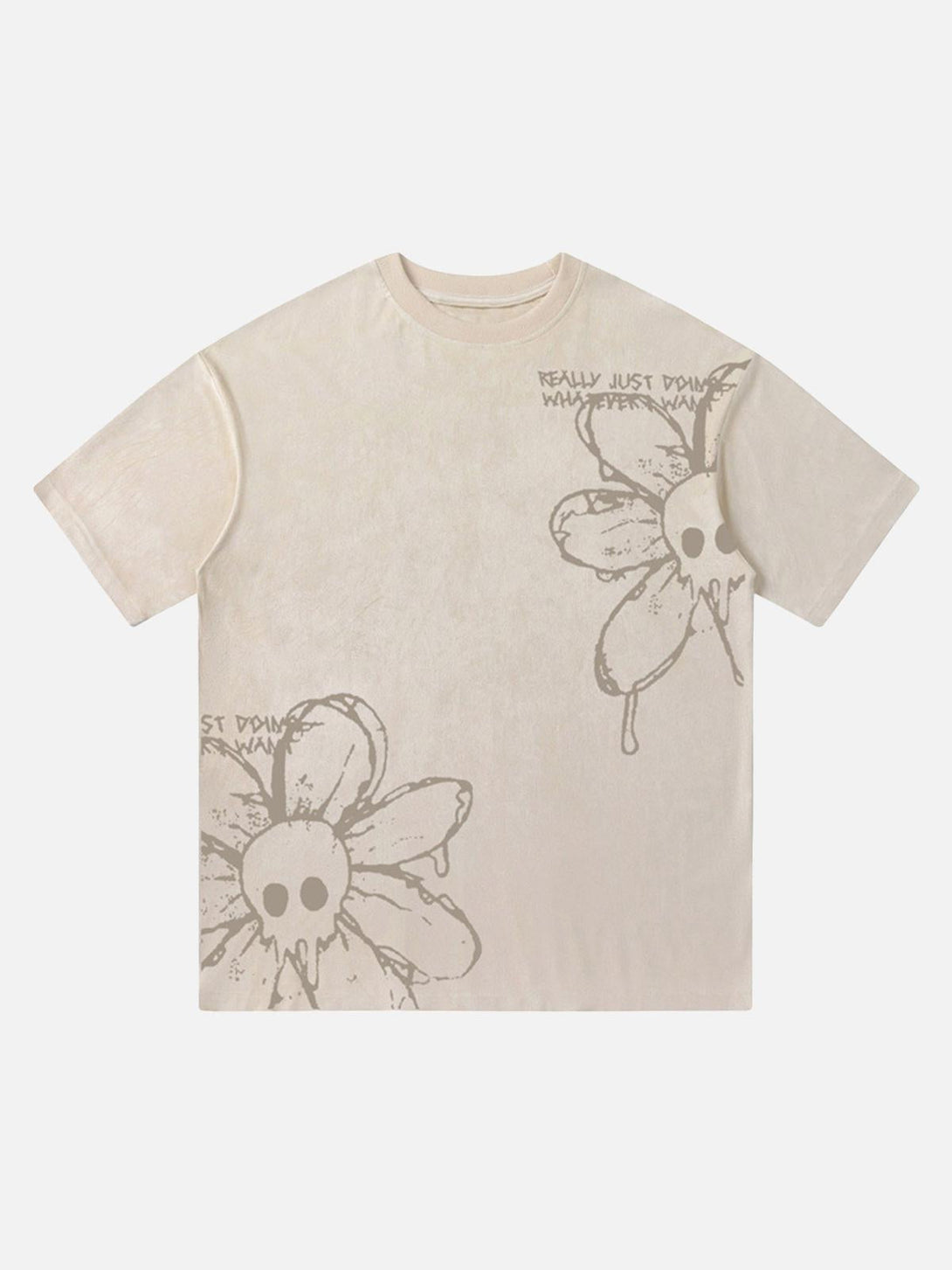Front view of a beige T-shirt featuring a skull flower print, designed by TALISHKO for creative flair.
