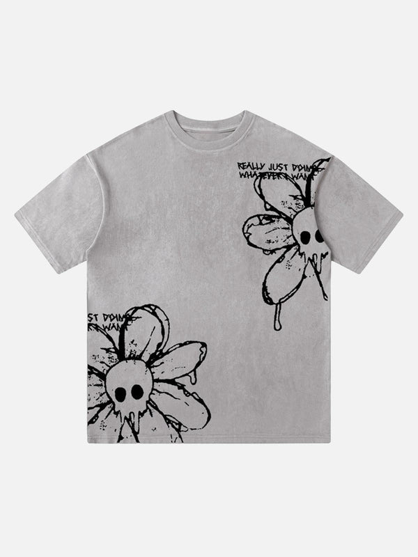 Front view of a gray T-shirt featuring a skull flower design by TALISHKO, ideal for casual wear.
