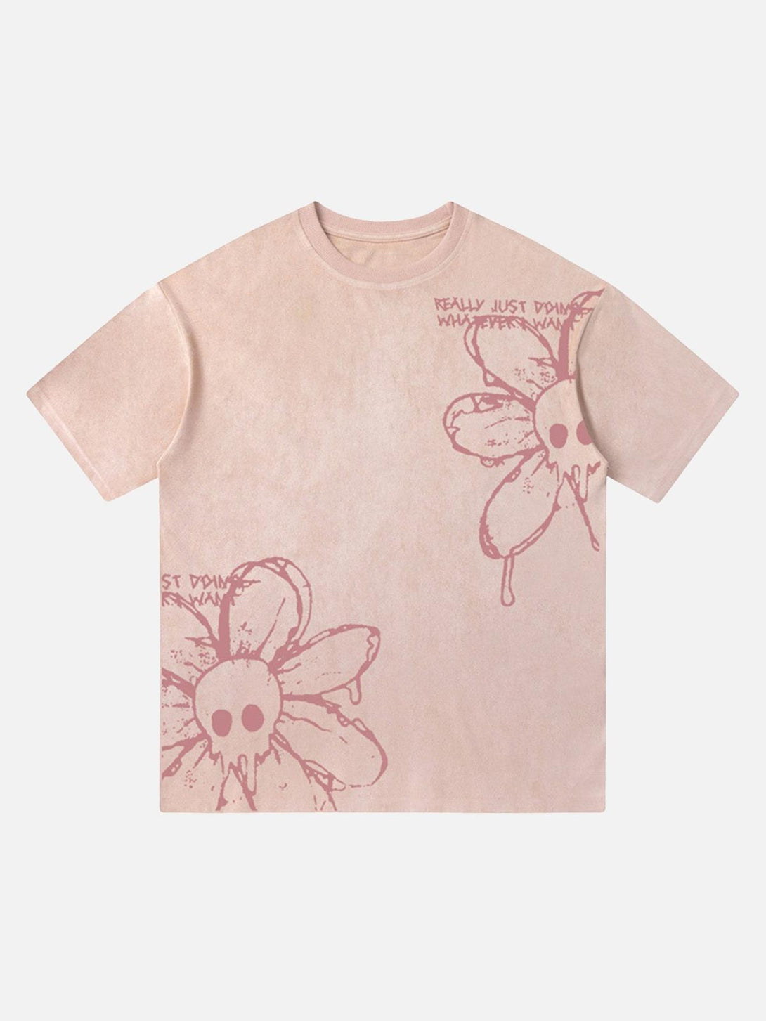 Front view of a pink T-shirt with skull flower design, crafted by TALISHKO for a creative touch.