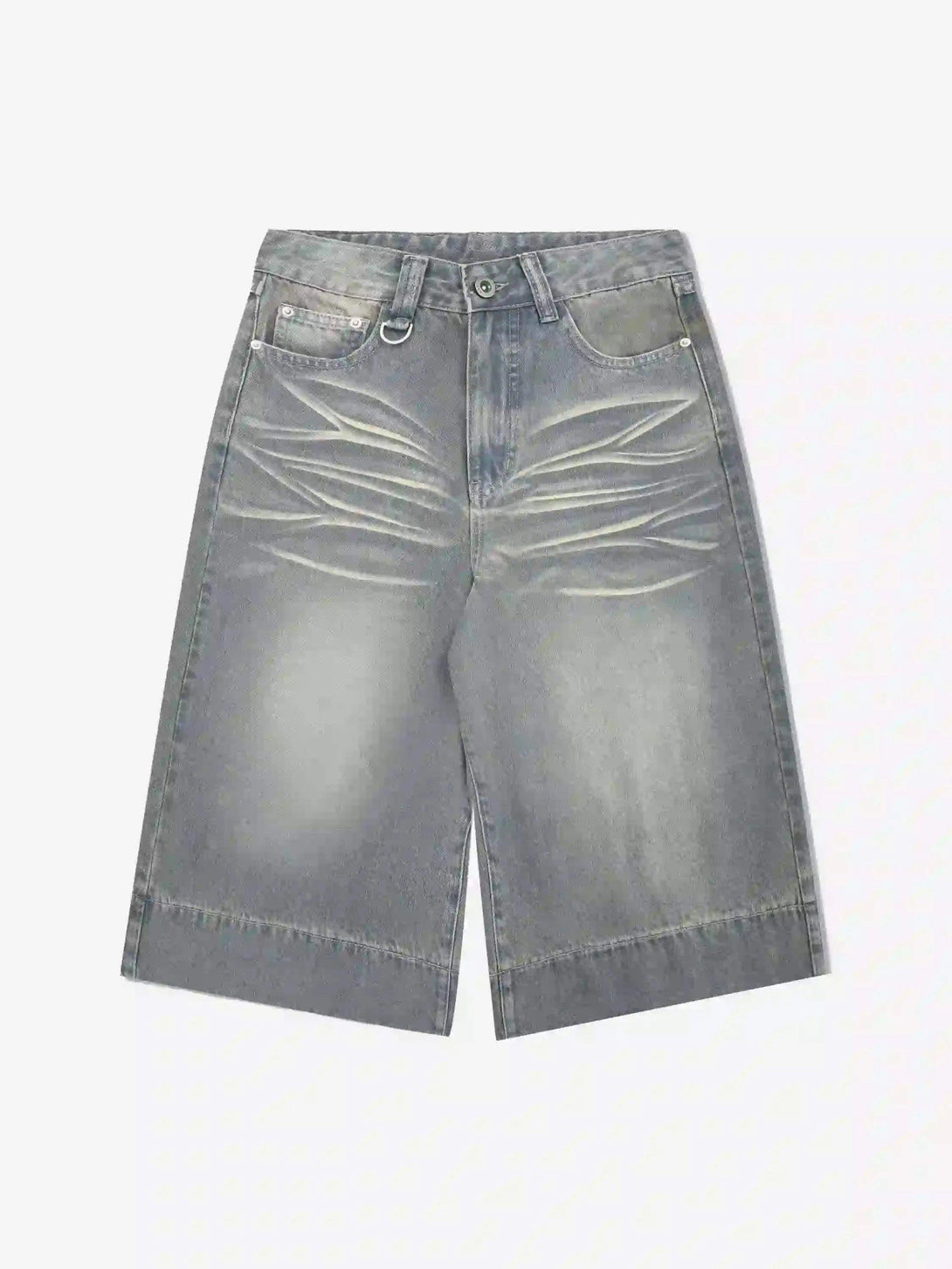 Front view of blue cropped denim jorts by TALISHKO, featuring retro faded detailing.