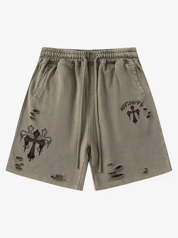 Army green shorts by TALISHKO featuring distressed details and cross graphics, front view.