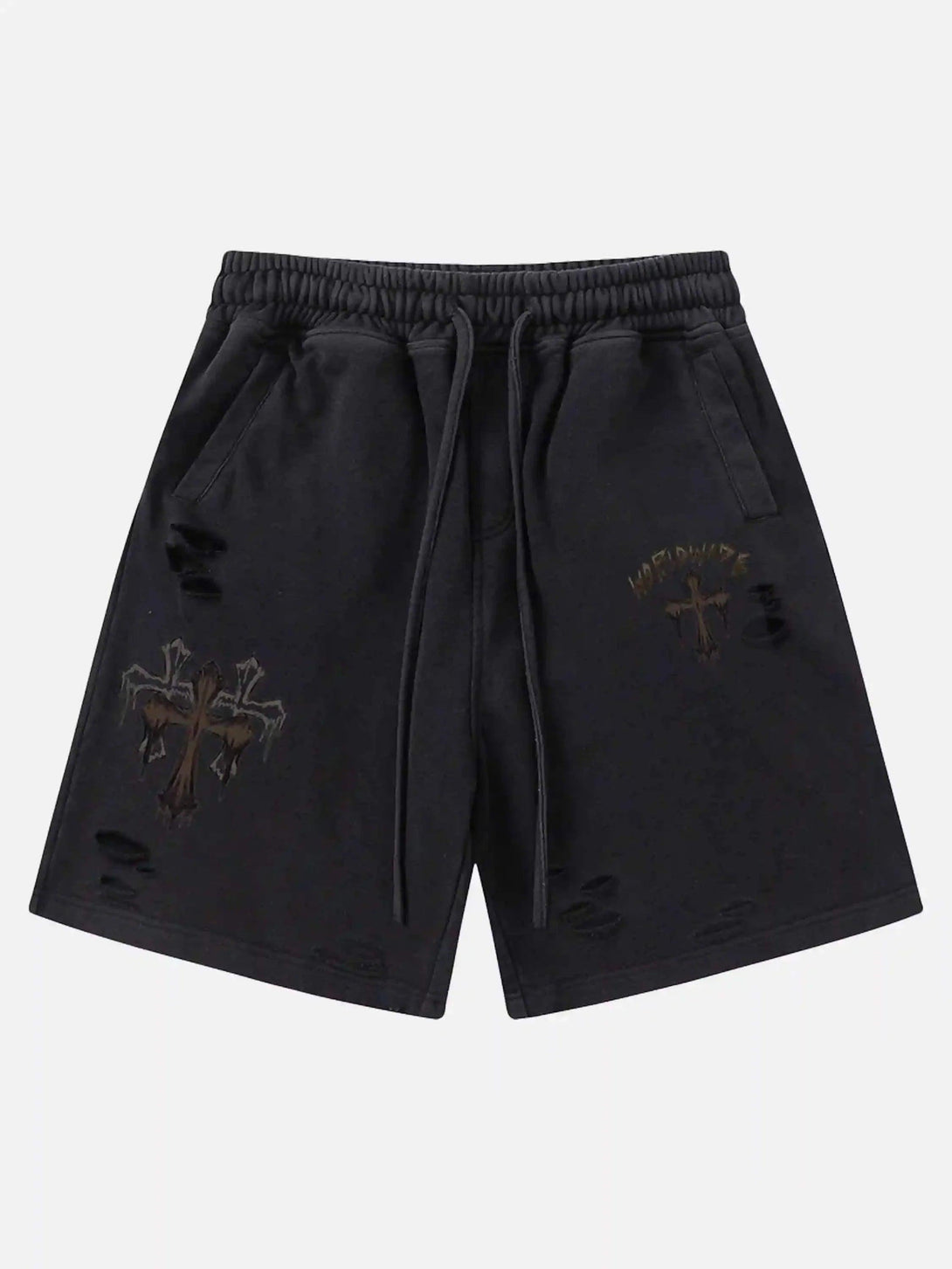 Black shorts by TALISHKO with distressed cross design, front view for a trendy summer look.