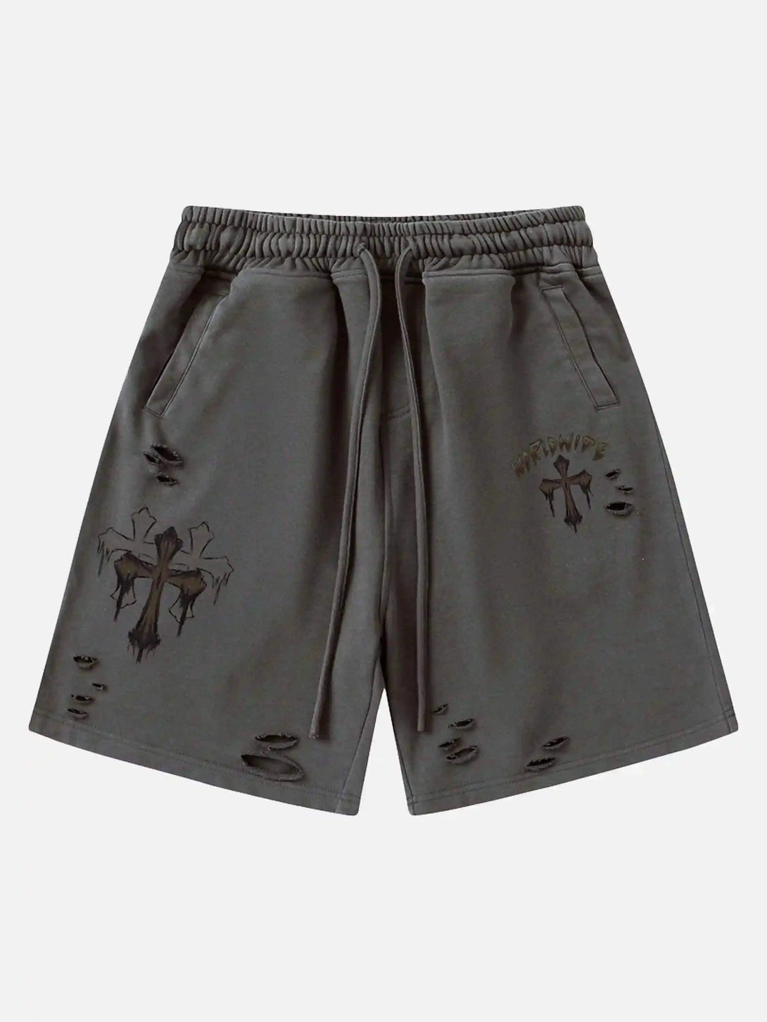 Gray shorts by TALISHKO, featuring distressed cross designs, shown in a front view.