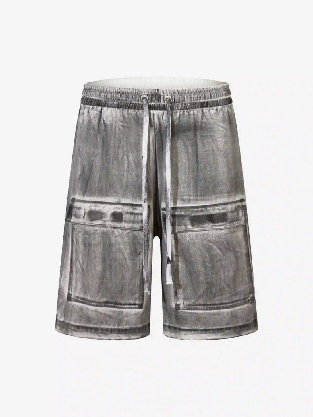 Front view of gray cargo shorts by TALISHKO, featuring a distressed look with multiple pockets.