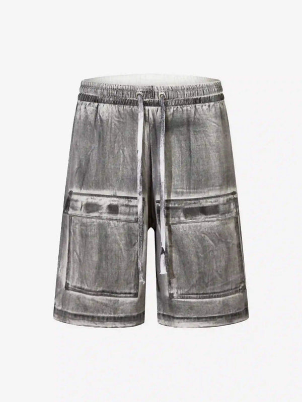 Front view of gray cargo shorts by TALISHKO, featuring a distressed look with multiple pockets.