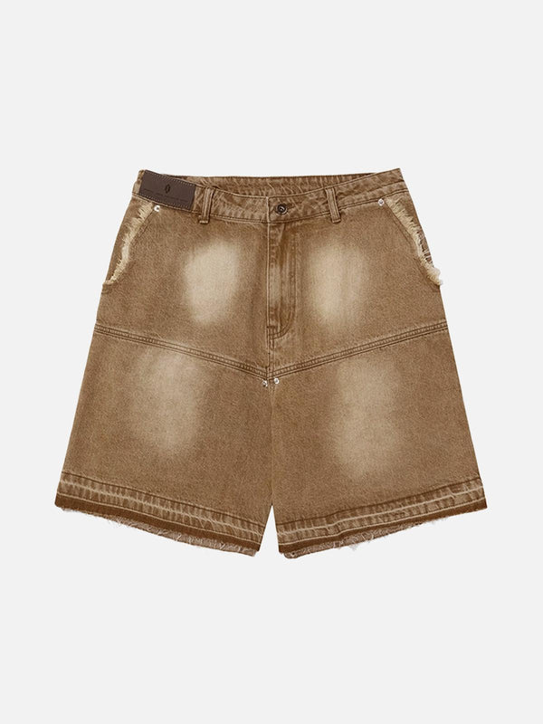 Front view of brown distressed denim shorts by TALISHKO, showcasing a retro washed look.