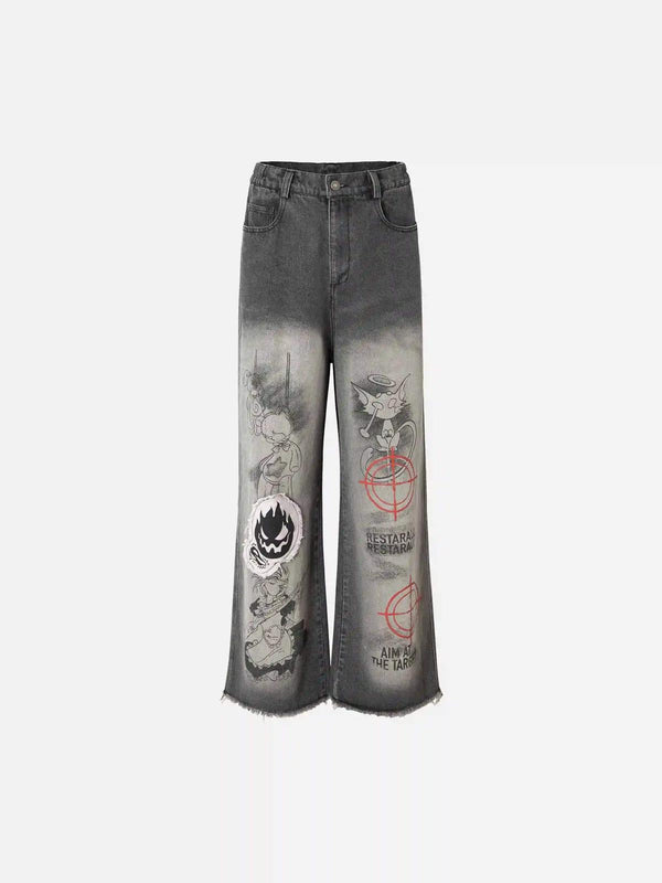 Front view of TALISHKO gray jeans featuring retro embroidered graphics and a relaxed fit.