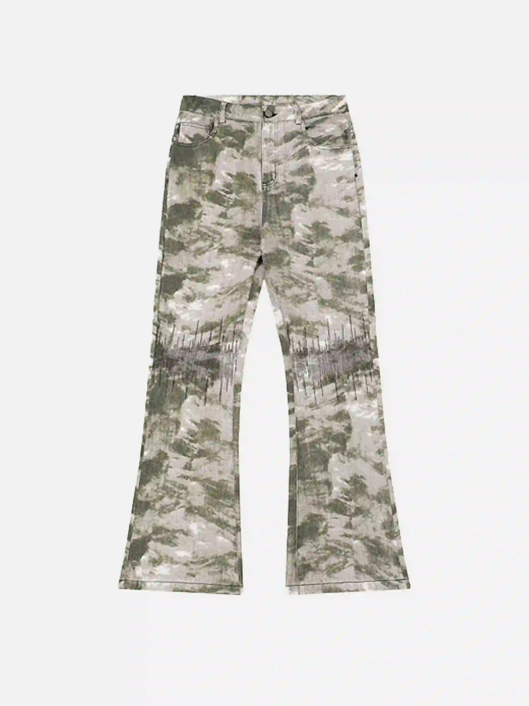 Front view of TALISHKO camouflage flared pants, showcasing a bold street style design.