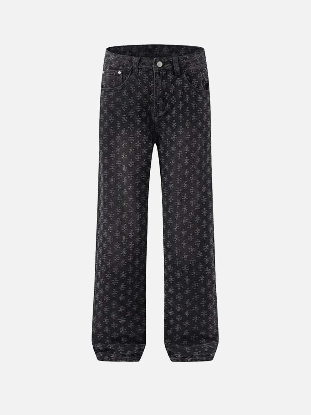 Front view of TALISHKO black jeans featuring a retro floral pattern, ideal for urban style.
