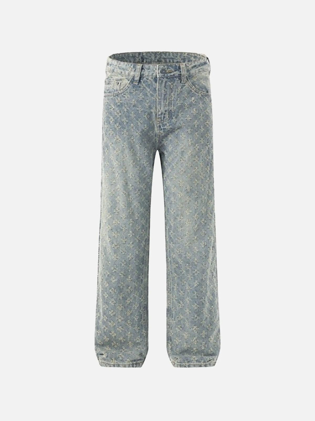 TALISHKO blue jeans with a floral pattern, front view, perfect for a personalized look.