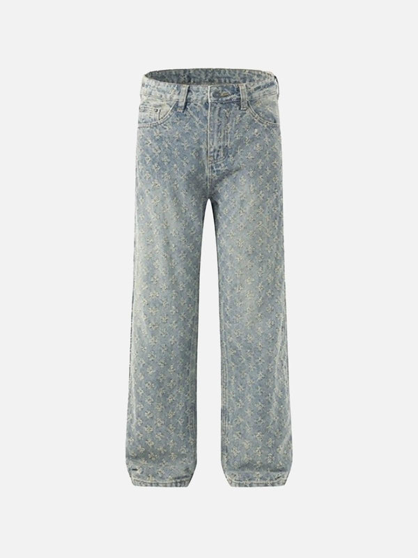 TALISHKO blue jeans with a floral pattern, front view, perfect for a personalized look.