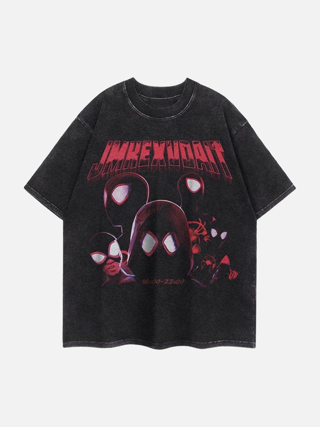 Front view of a dark gray street-style graphic T-shirt by TALISHKO, showcasing vibrant artwork.