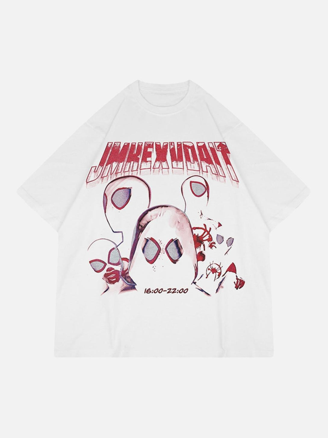 Front view of a white street-style graphic T-shirt by TALISHKO, featuring bold, playful prints.