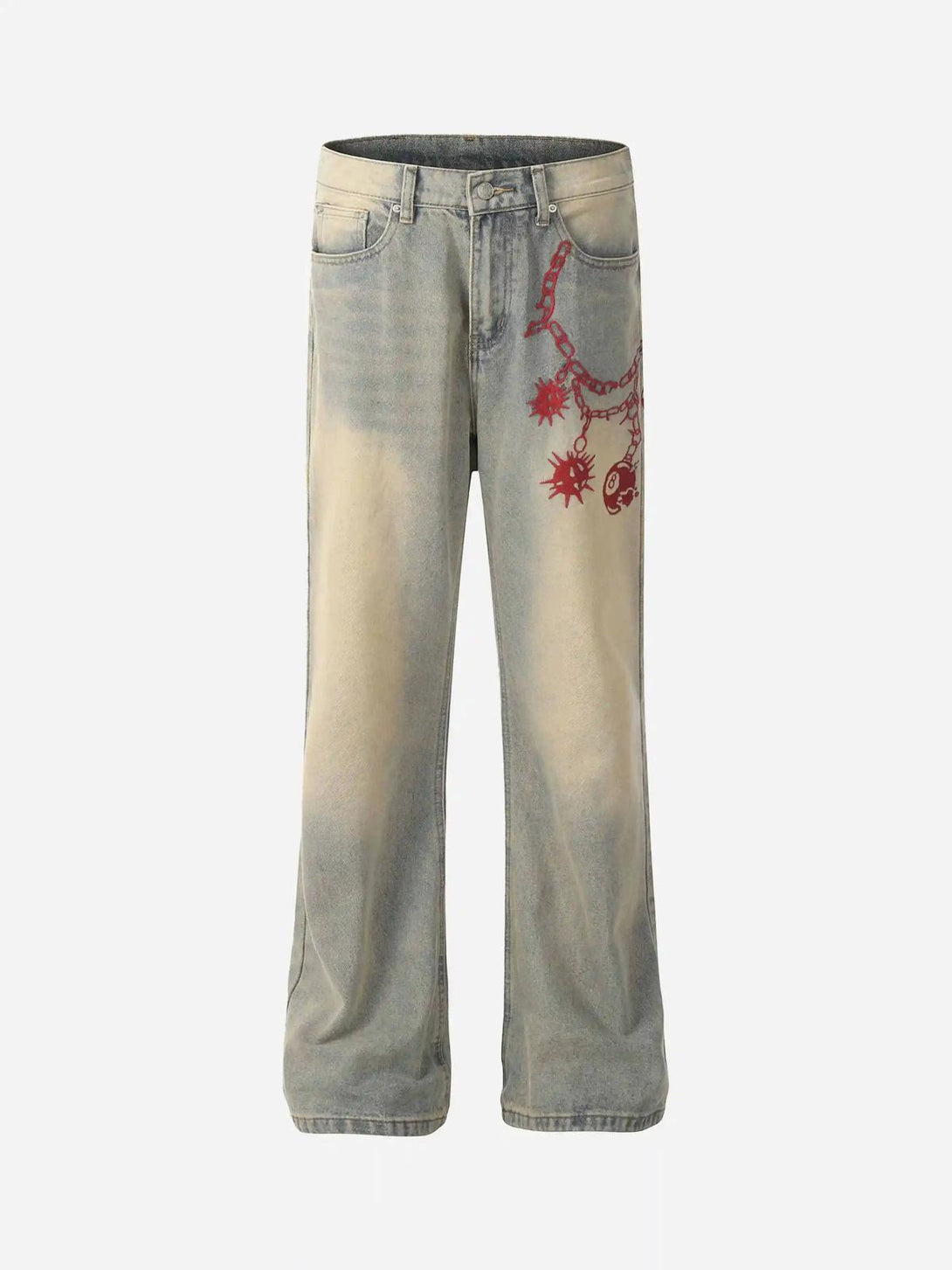 Front view of blue TALISHKO jeans with red chain embroidery, showcasing a retro hip-hop vibe.