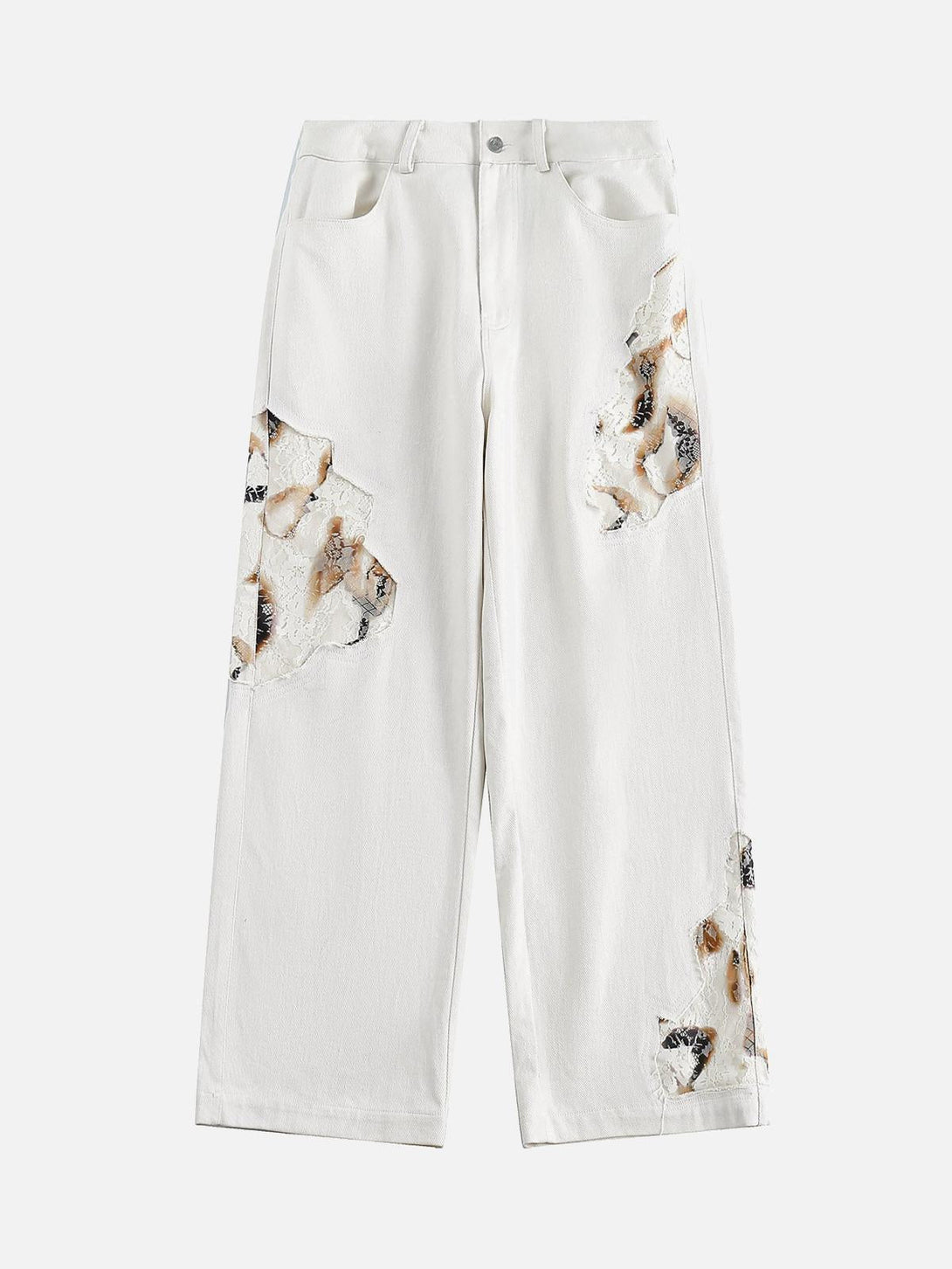 TALISHKO white jeans with lace patchwork, front view, showcasing retro street fashion style.