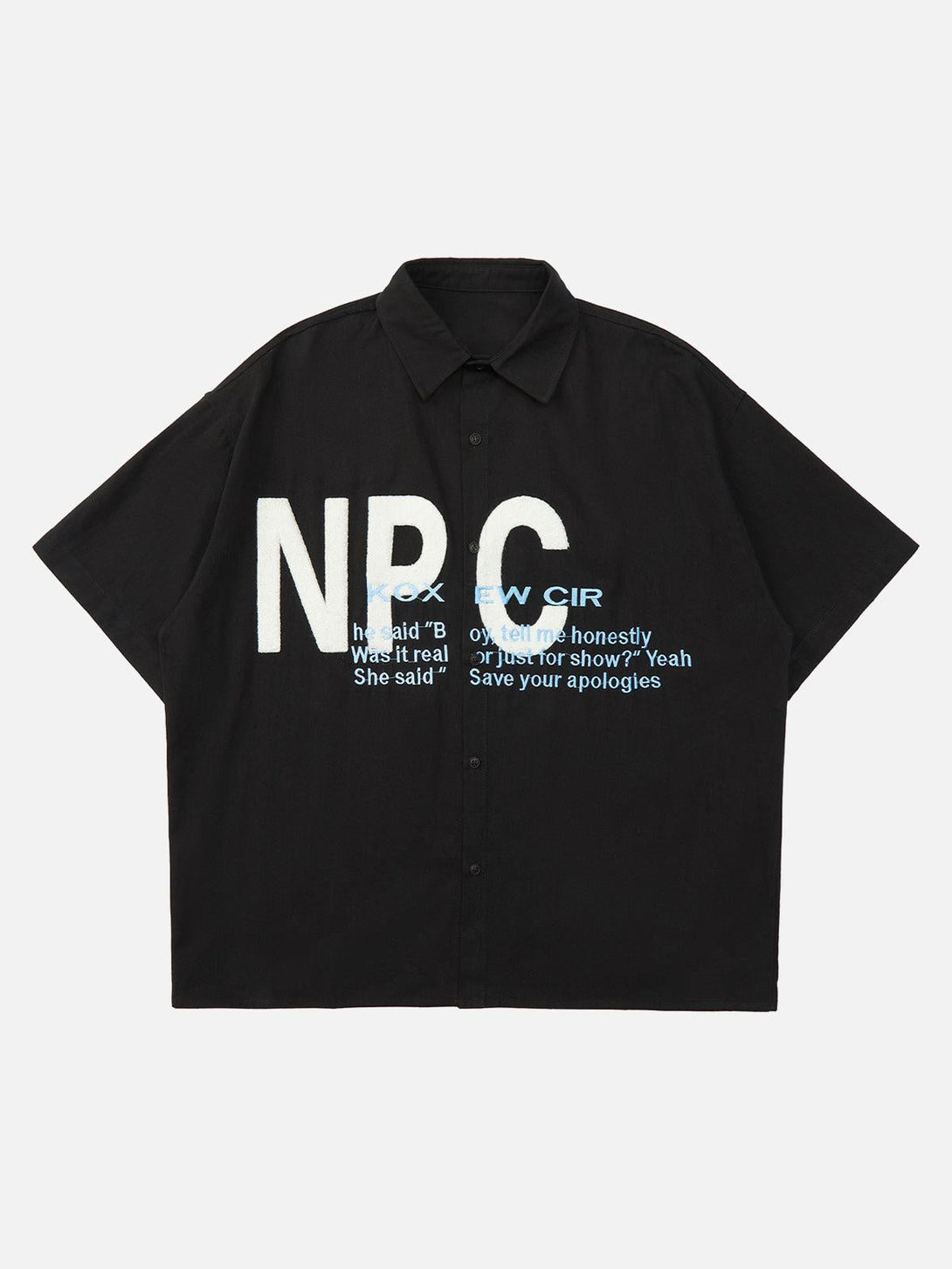 Front view of a black shirt by TALISHKO featuring bold embroidered lettering for a trendy look.