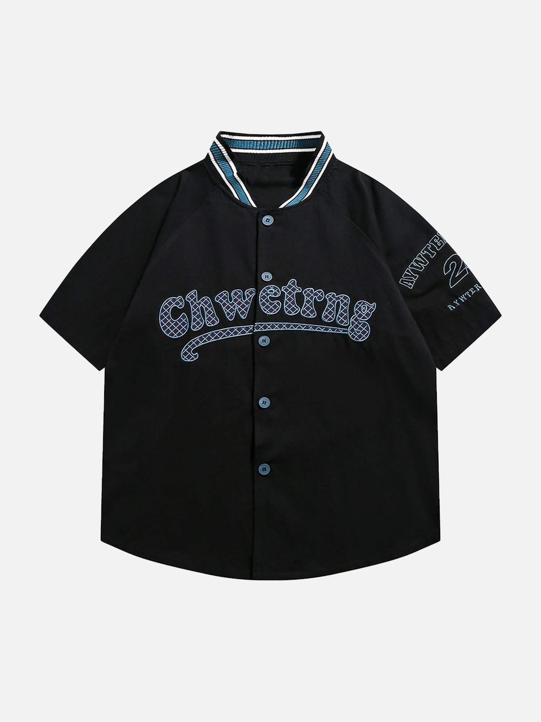 Front view of a black short-sleeved shirt by TALISHKO, featuring retro lettering for a casual look.